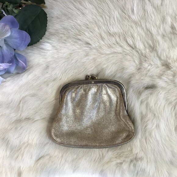 Vintage Gold Brushed Leather Kisslock Frame Coin Purse Mini Bag - Picture 1 of 6